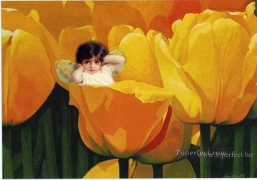Little fairy in yellow flowers fairy original Oil Paintings